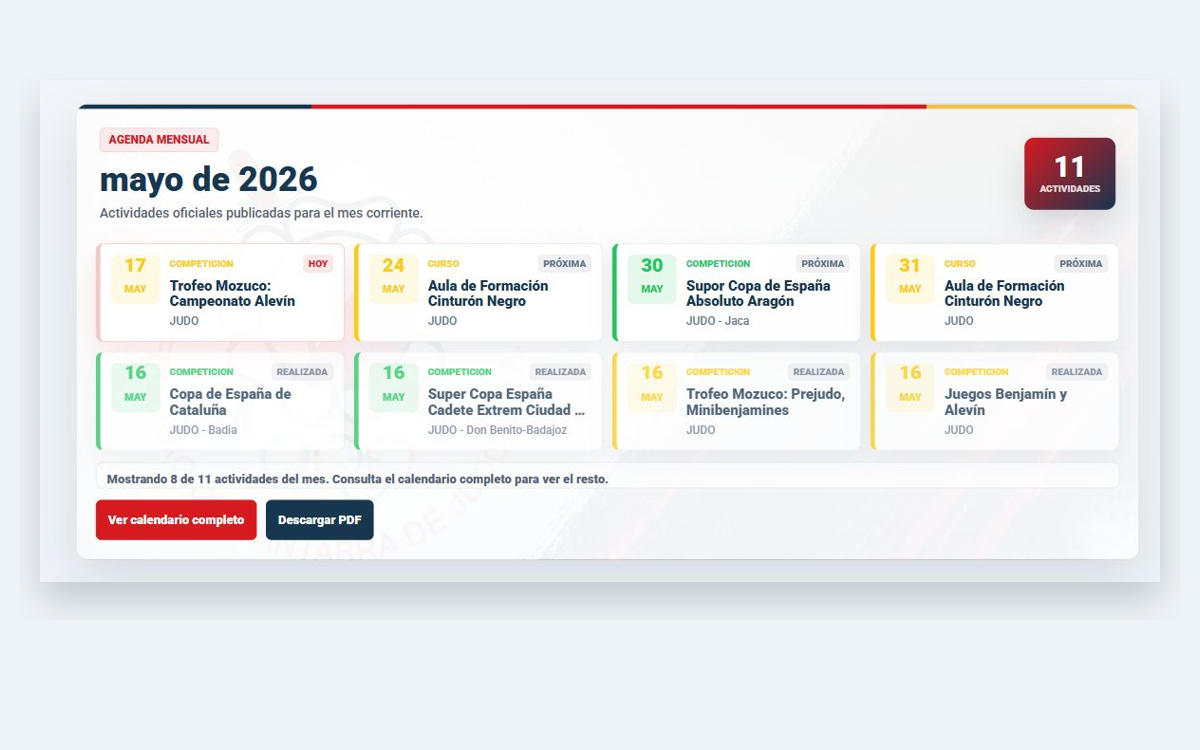 Vista del calendario federativo de actividades